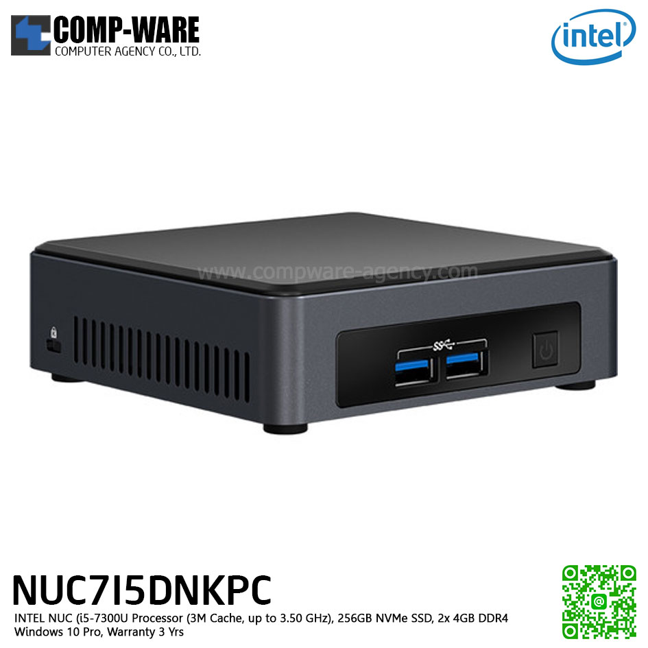 Intel NUC7I5DNKPC Mini PC NUC slim Kit - INTEL NUC i5-7300U (3M Cache, up to 3.50 GHz), 256GB NVMe SSD, 2x 4GB DDR4, Windows 10 Pro, Warranty 3 Yrs) BLKNUC7I5DNKPC1, PC1 ปลั๊กไฟไทย