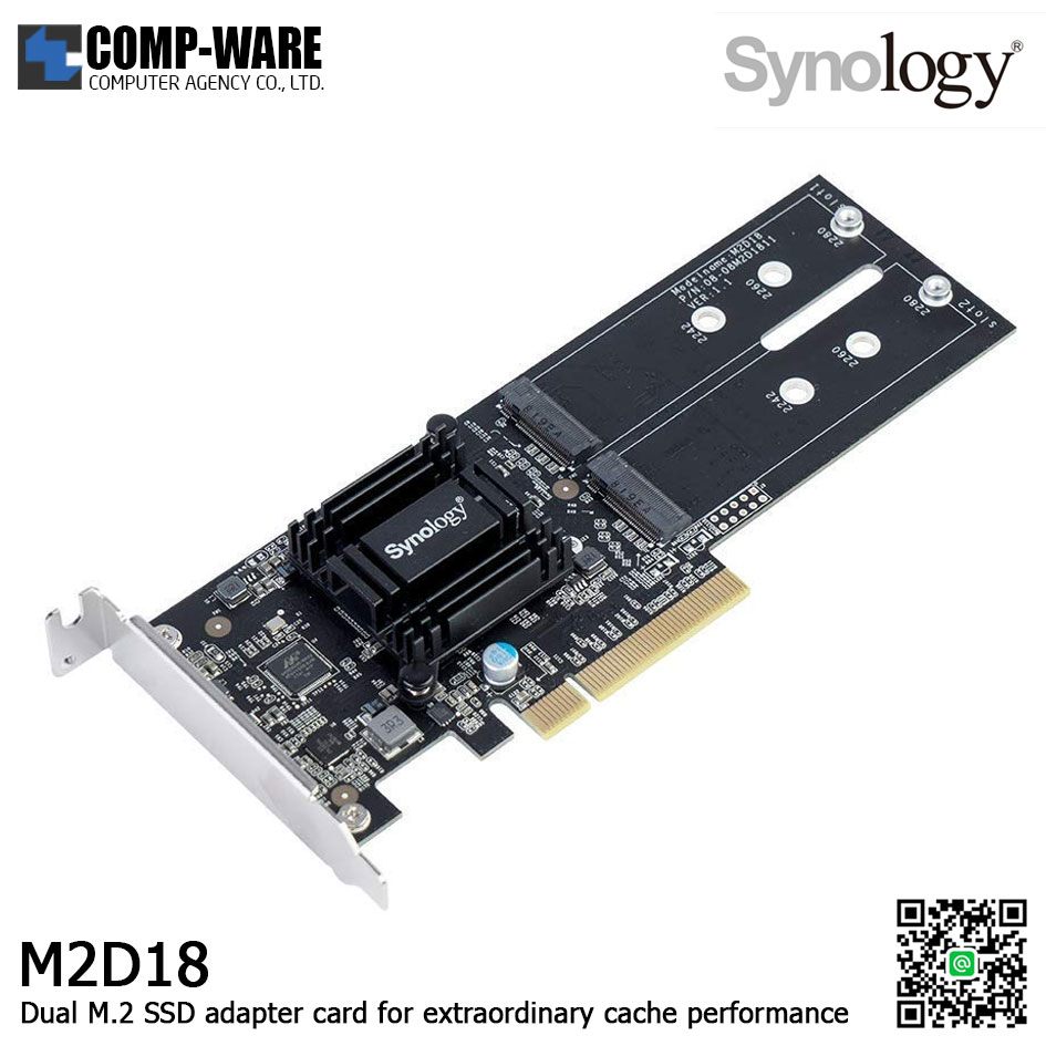 Synology M2D18 Dual M.2 NVMe / SATA SSD Adapter Card PCIe Gen2 x8 รับประกัน 3 ปี