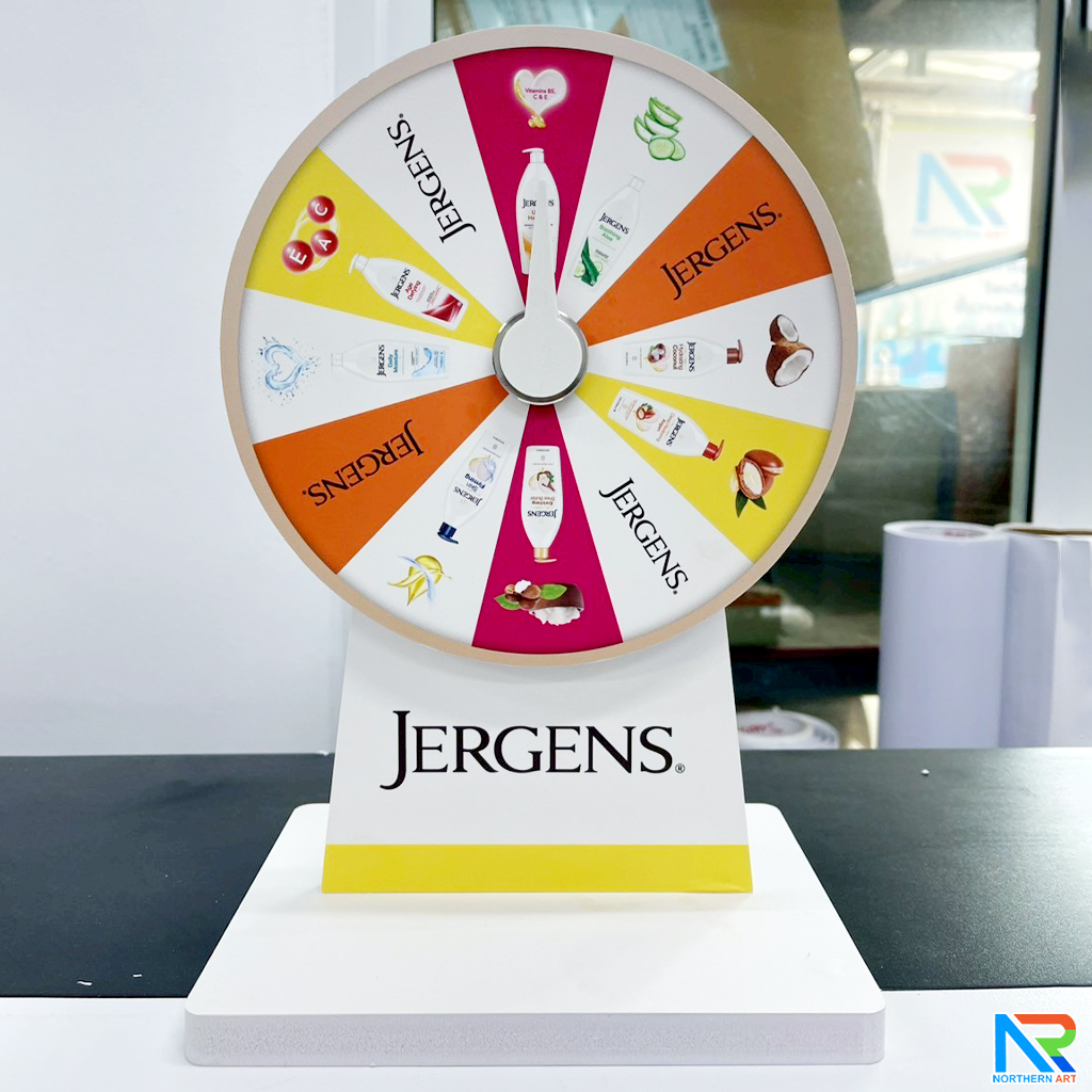 เกมส์วงล้อตั้งโต๊ะ ขนาดวงล้อ 40 ซม. สูง 56 ซม. วัสดุพลาสวูดสีขาว หนา 8-15 มม. ถอดประกอบได้