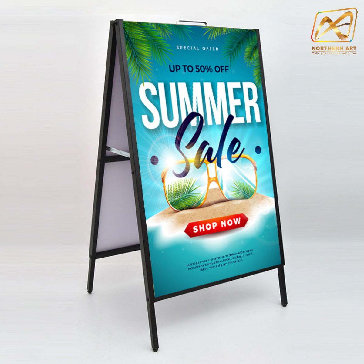 ป้ายตั้งพื้นเหล็ก สีดำ มีด้ามจับ ขนาด 60x90 cm. โชว์งานพิมพ์ 2 ด้าน พับเก็บได้ เคลื่อนย้ายสะดวก