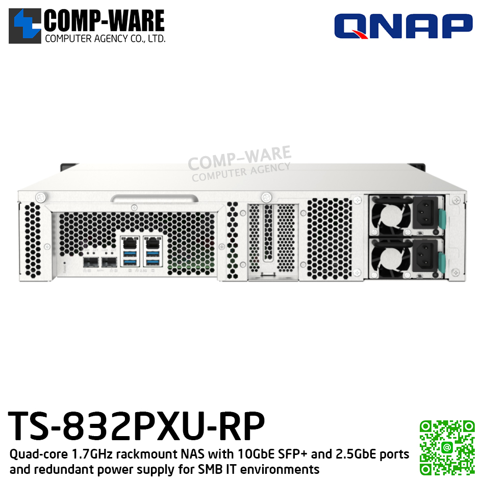QNAP (2U 8-Bay) TS-832PXU-RP-4G / Annapurna Labs Alpine AL324 (4Core) / 4GB DDR4 UDIMM / 8 x 2.5"/3.5" SATA 6Gbps / 2 x 10GbE SFP+ + 2 x 2.5GbE / Redundant PSU / 3Y Warranty / No HDD / Rail kit RAIL-B02