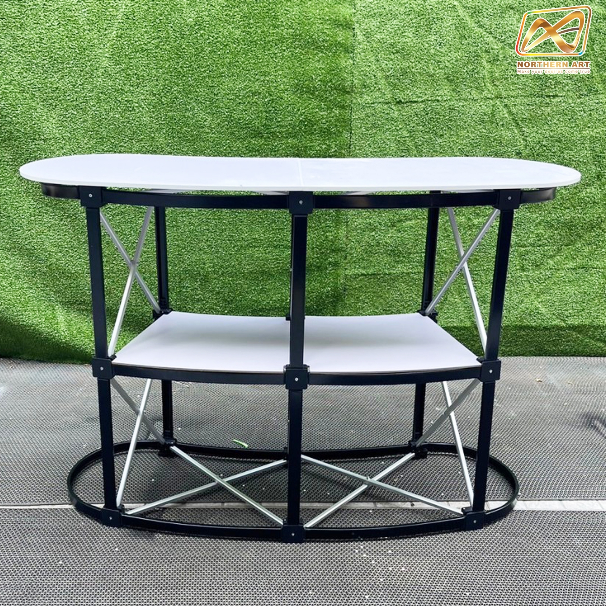 เคาน์เตอร์สำเร็จรูป รุ่นโค้ง TOPสีขาว มีช้นวาง ขนาด (W)133 x (D)39 x (H) 90 cm.โครงอะลูมิเนียม พับเก็บได้ เคลื่อนย้ายสะดวก