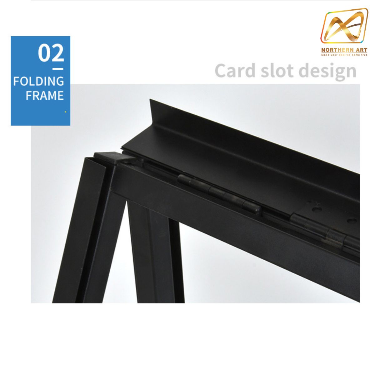 ป้ายตั้งพื้นเหล็ก สีดำ มีด้ามจับ ขนาด 60x90 cm. โชว์งานพิมพ์ 1 ด้าน พับเก็บได้ เคลื่อนย้ายสะดวก