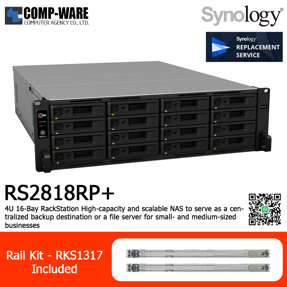 Synology RackStation (4U 16-Bay) RS2818RP+ (4GB RAM up to 64GB) Intel Atom Quad-Core Redundant Power Supply w/Rail Kit RKS1317 , No HDD