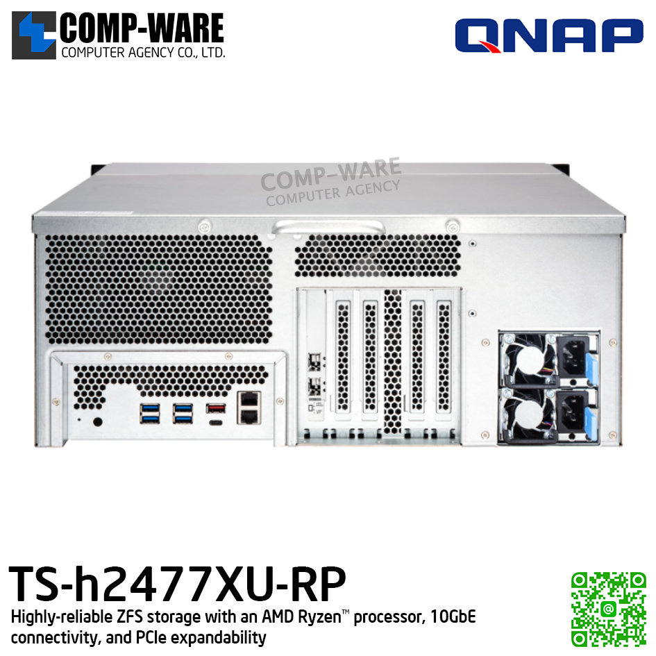 QNAP (4U 24-Bay) TS-h2477XU-RP-3700X-32G / AMD Ryzen 7 3700X (8C/16T) / 32GB (2 x 16 GB) DDR4 UDIMM / 24 x 2.5"/3.5" SATA 6Gbps / 2 x GigaLan, 2 x 10GbE SFP+ / 800W Redundant PSU / 3Y Warranty / No HDD / Rail kit RAIL-A02-90