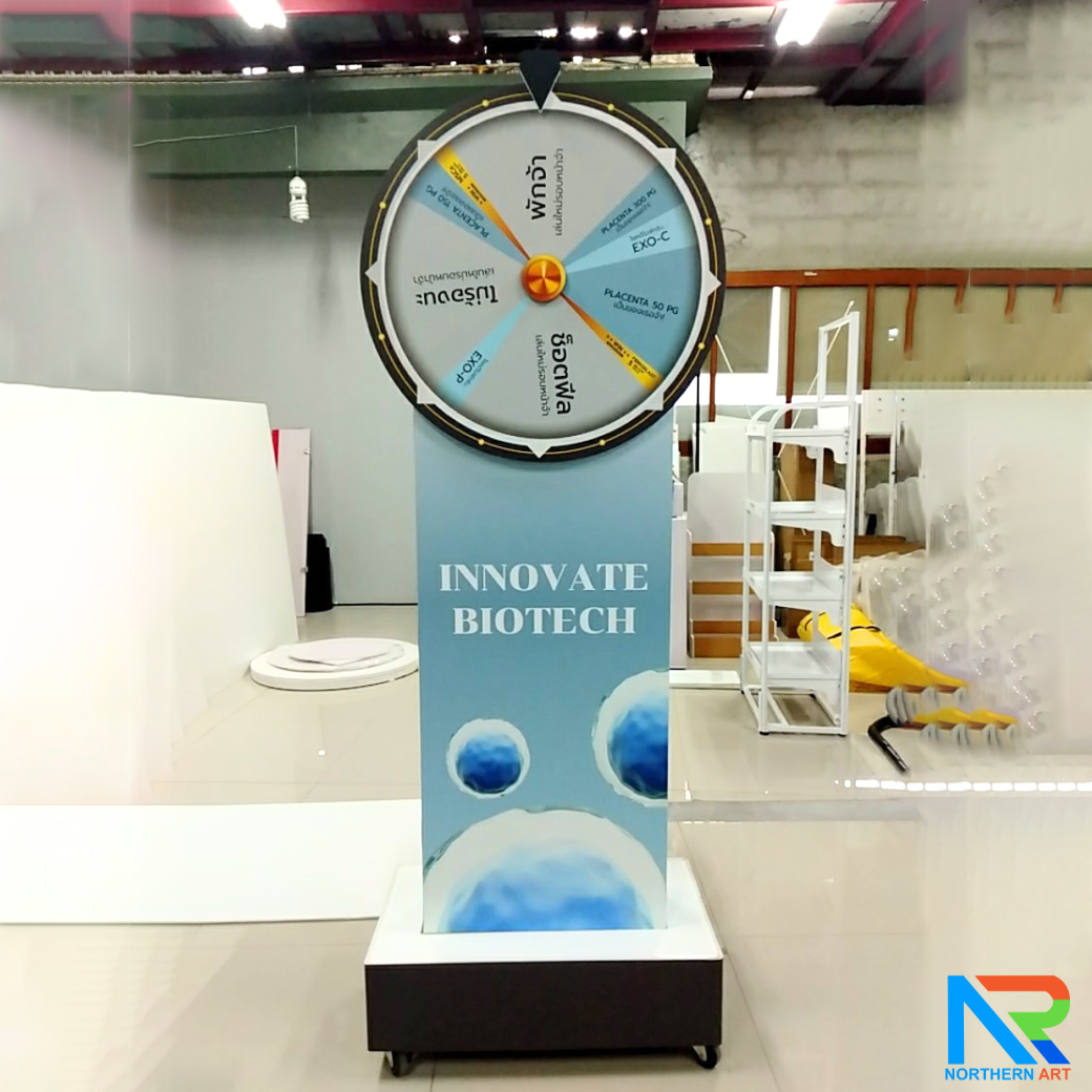 เช่าเกมส์วงล้อไม้ ตั้งพื้น ขนาดวงล้อ 60 ซม. สูง 170 cm. พร้อมงานพิมพ์สติ๊กเกอร์