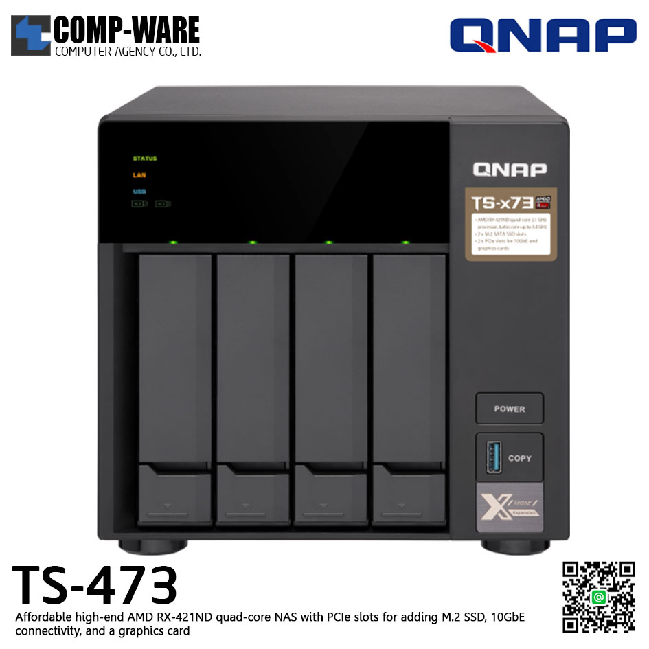 QNAP NAS (4-Bay) TS-473 (4GB RAM up to 64GB) AMD R series RX-421ND M.2 Dual-Slot Support, No HDD