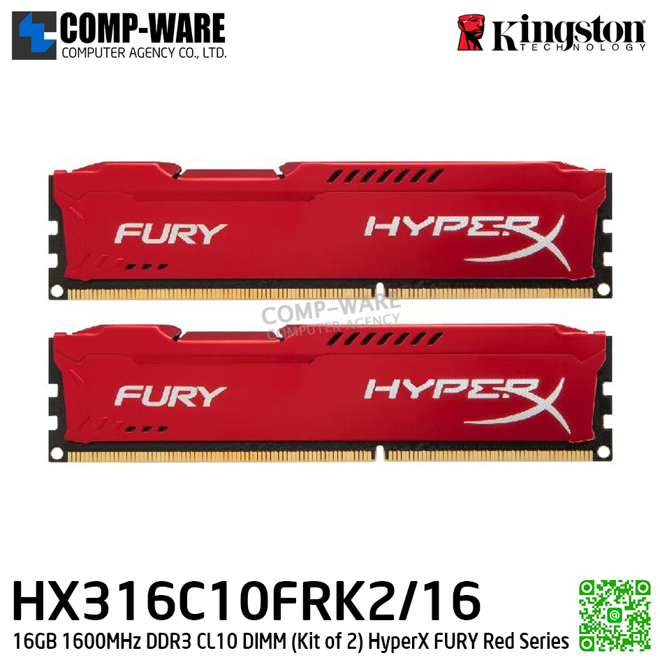 Kingston HX316C10FRK2/16 16GB 1600MHz DDR3 CL10 DIMM (Kit of 2) HyperX FURY Red Series - Lifetime Warranty - Memory Module - RAM