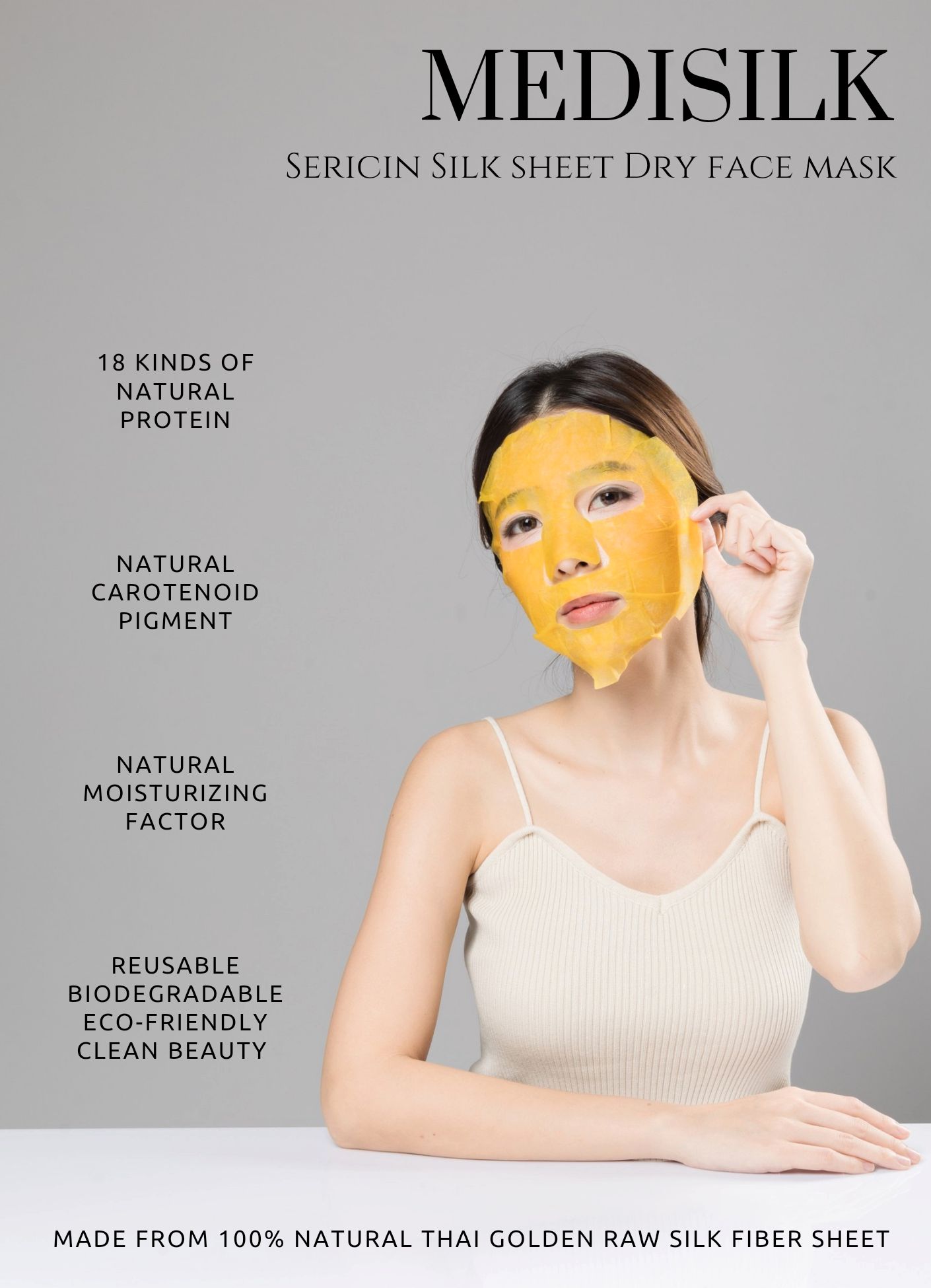 100 pcs. 100% Natural Golden Raw Silk Face sheet mask (Pre-cut openings for eyes, nose and mouth) แผ่นมาส์กหน้าใยไหมธรรมชาติ 100 ชิ้น