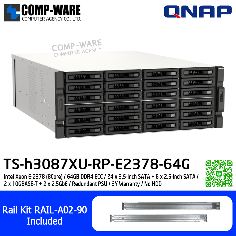 QNAP (4U 30-Bay) TS-h3087XU-RP-E2378-64G / Intel Xeon E-2378 (8Core) / 64GB DDR4 ECC / 24 x 3.5-inch SATA + 6 x 2.5-inch SATA / 2 x 10GBASE-T + 2 x 2.5GbE / Redundant PSU / 3Y Warranty / No HDD / Rail Kit RAIL-A02-90