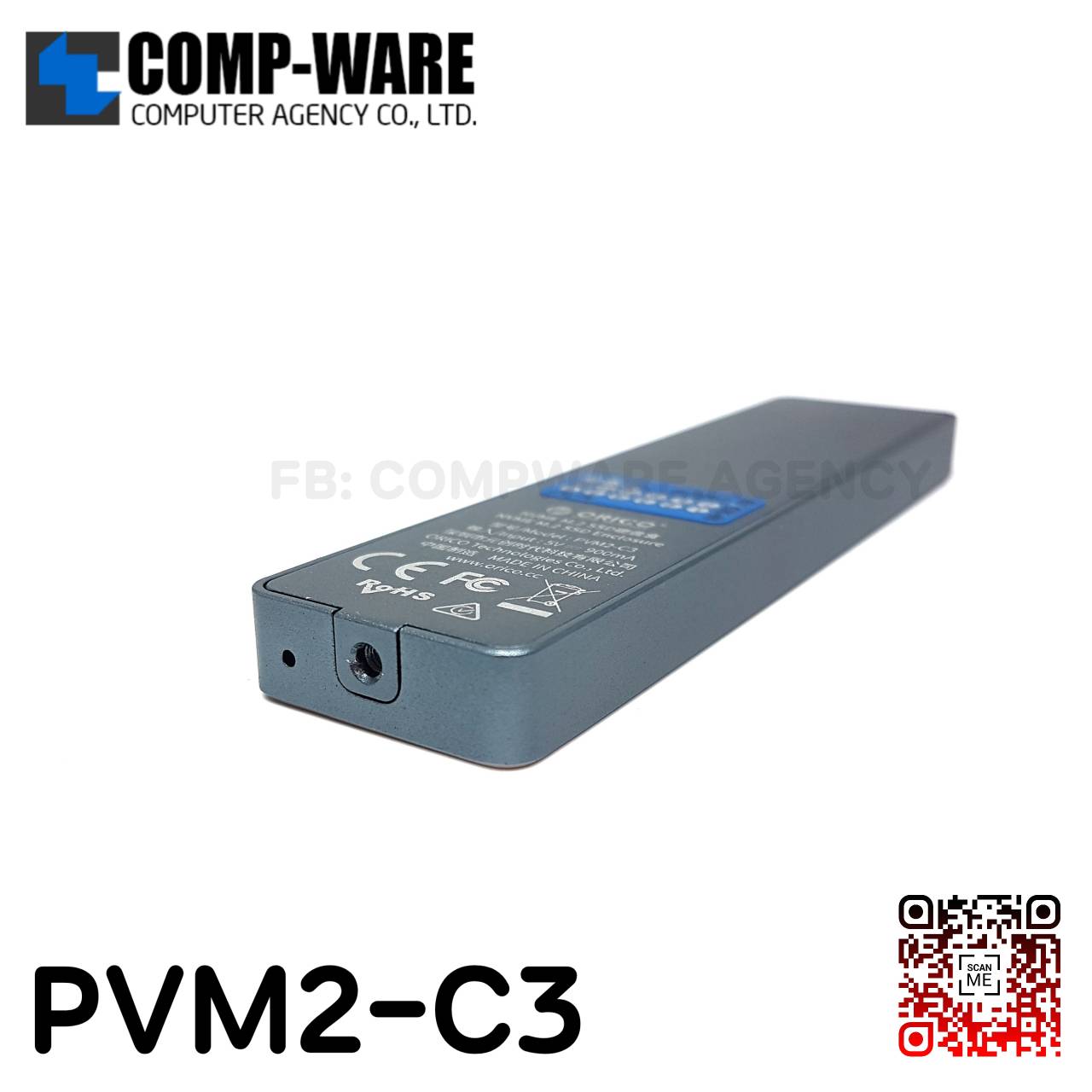 ตัวแปลง Orico PVM2-C3 Mini Clip-open M.2 SSD PCIe NVMe to USB3.1 Gen2 10Gbps Aluminum Enclosure สีเทา