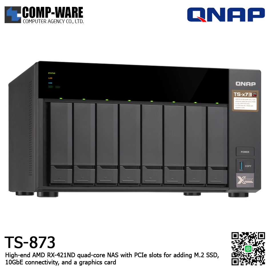 QNAP NAS (8-Bay) TS-873 (8GB RAM up to 64GB) AMD R-Series RX-421ND quad-core M.2 Dual-Slot Support, No HDD