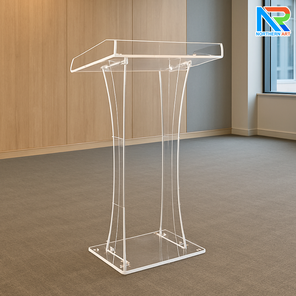 โพเดียม อะคริลิคใส ขนาด(W)60 x (L)42 x (H)109 cm. TOP ตรงพร้อมกันตก 3 ด้าน วัสดุอะคริลิคใส หนา 9.5 มม.