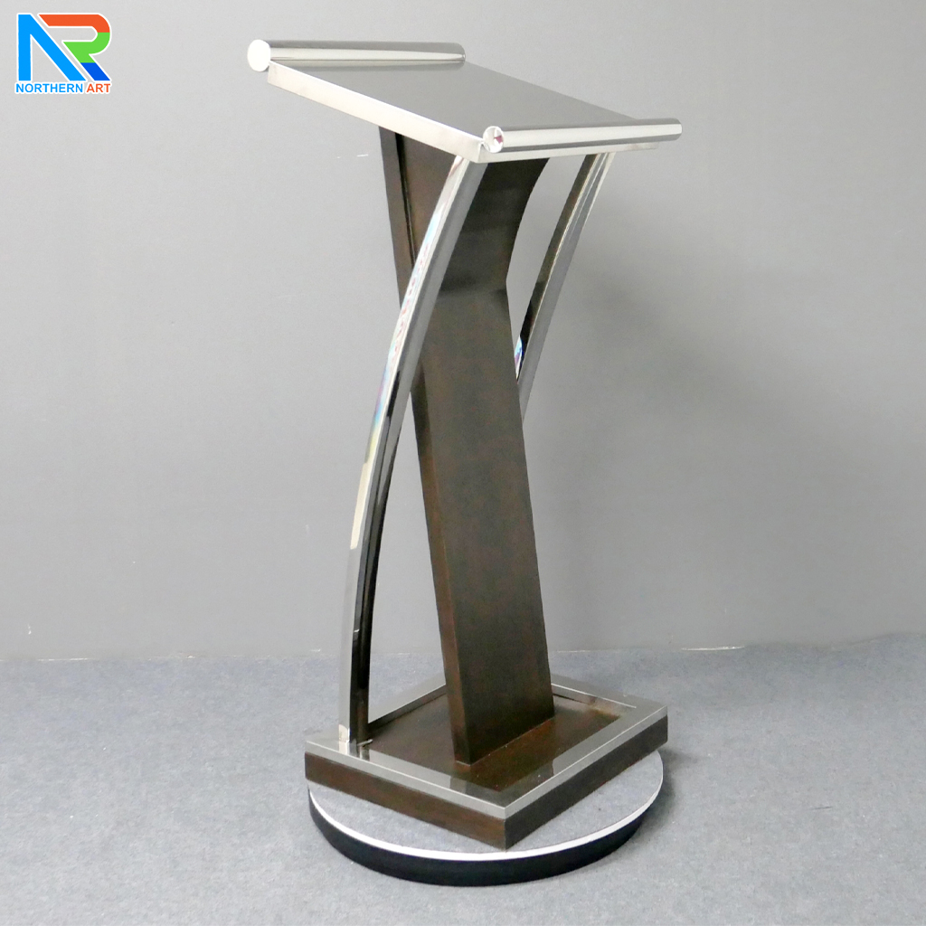 โพเดียมไม้จริง สีโอ๊คน้ำตาล PD-01 ขนาด (W) 48x (L) 51 (H) 120 cm Top หุ้มสแตนเลส เกรด 304 พร้อมตกแต่งเสาโค้งสแตนเลส