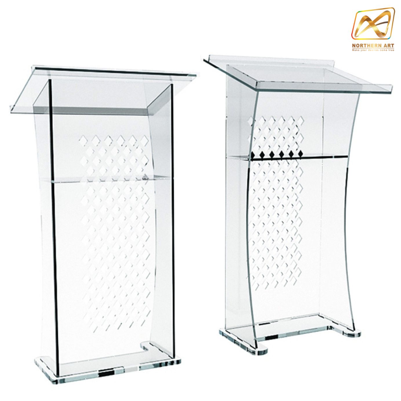 โพเดียม อะคริลิคใส AC-07 ขนาด 70x50x120 ซม.ด้านหน้าฉลุลาย TOP เอียงพร้อมกันตก วัสดุอะคริลิคใส หนา 10-20 มม.