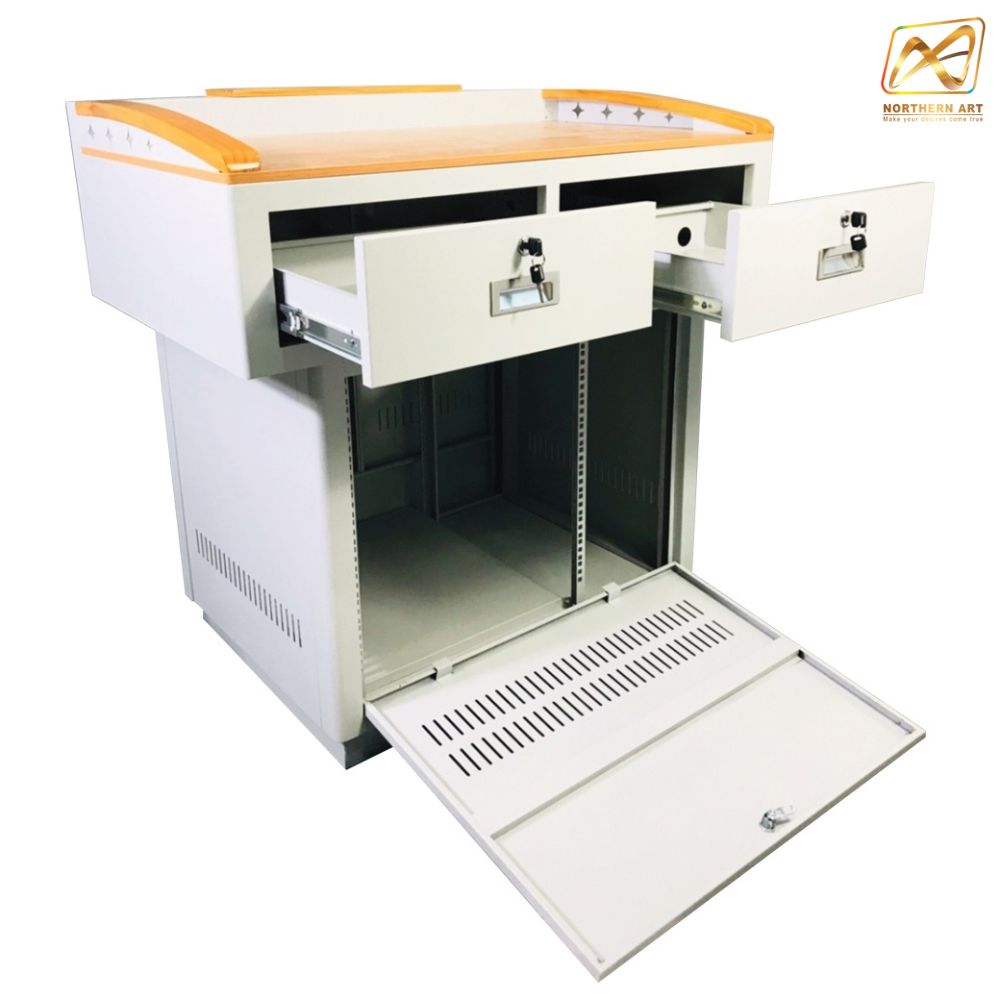 โพเดียมโรงเรียน โพเดียมเหล็ก โพเดียมอาจารย์ โพเดียมเลคเชอร์ ขนาด 100X70 cm.TOPไม้ พร้อมลิ้นชัก (สินค้าตัวโชว์)