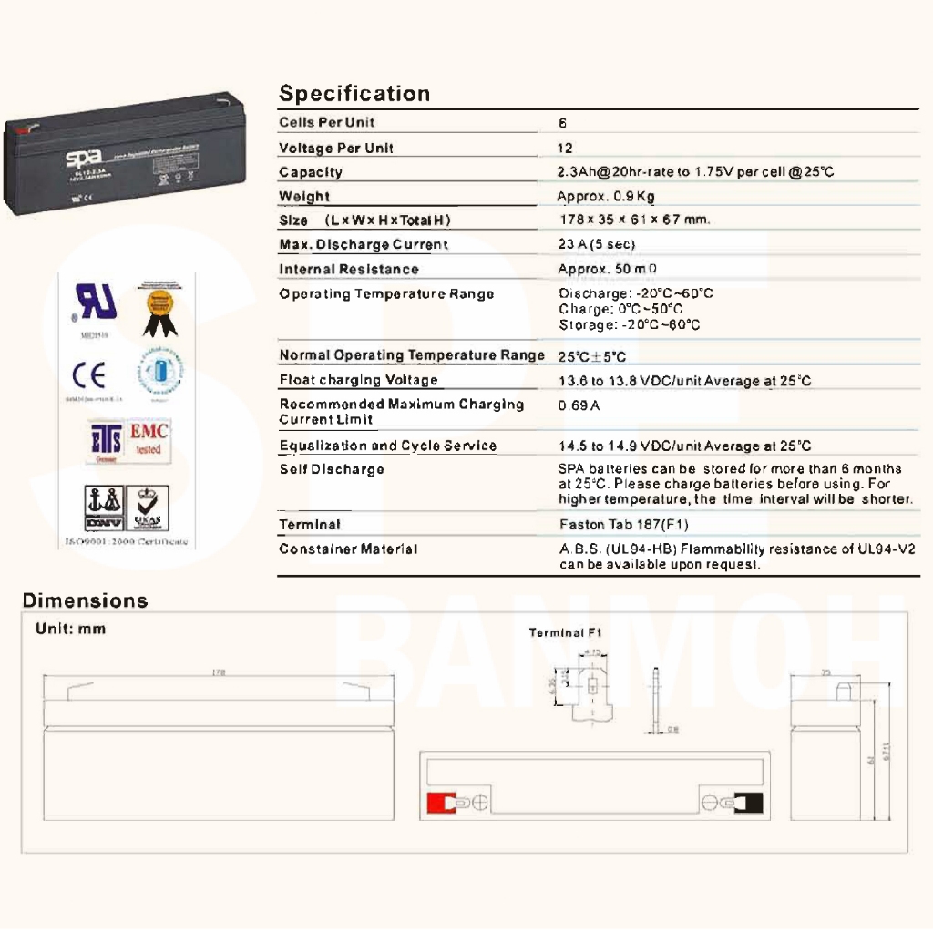 Spa แบตเตอรี่แห้ง สำรองไฟ | 99-01-0203 | SL12-2.3 (12V2.3A) | SPA Battery | แบต UPS/ไฟฉุกเฉิน/ระบบเตือนภัย