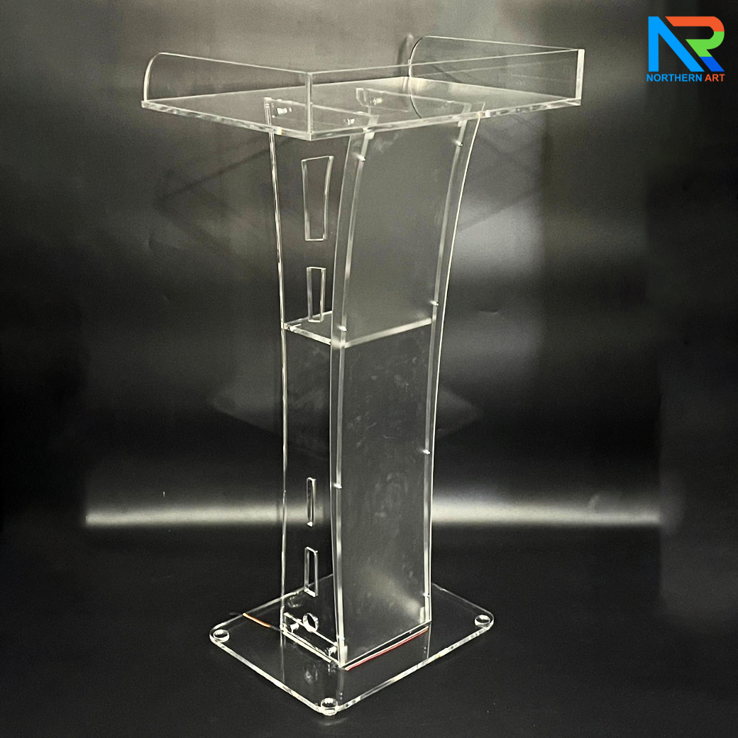 โพเดียมอะคริลิค เรืองแสงไฟ LED พร้อมรีโมทคอนโทรล รุ่น LED-05 ขนาด (W) 60 x (L) 42 x (H) 109 ซม.