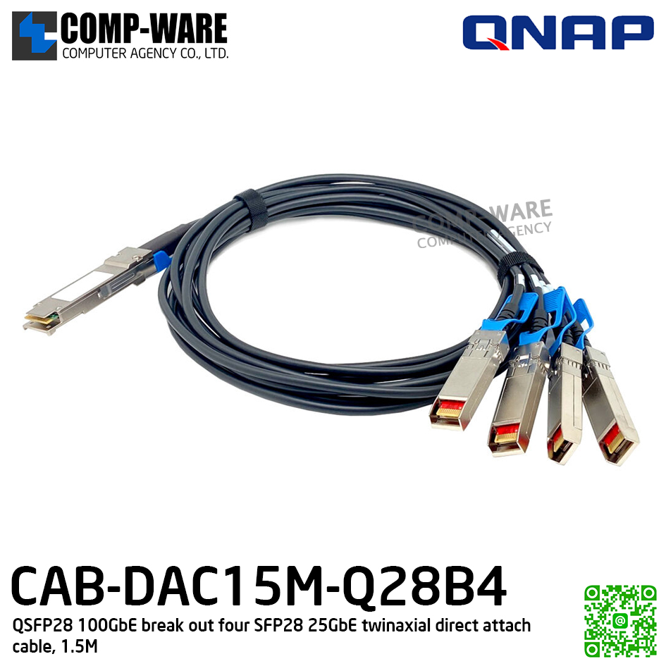 QNAP CAB-DAC15M-Q28B4 QSFP28 100GbE break out four SFP28 25GbE twinaxial direct attach cable, 1.5M - Spare Part - 1Y Warranty