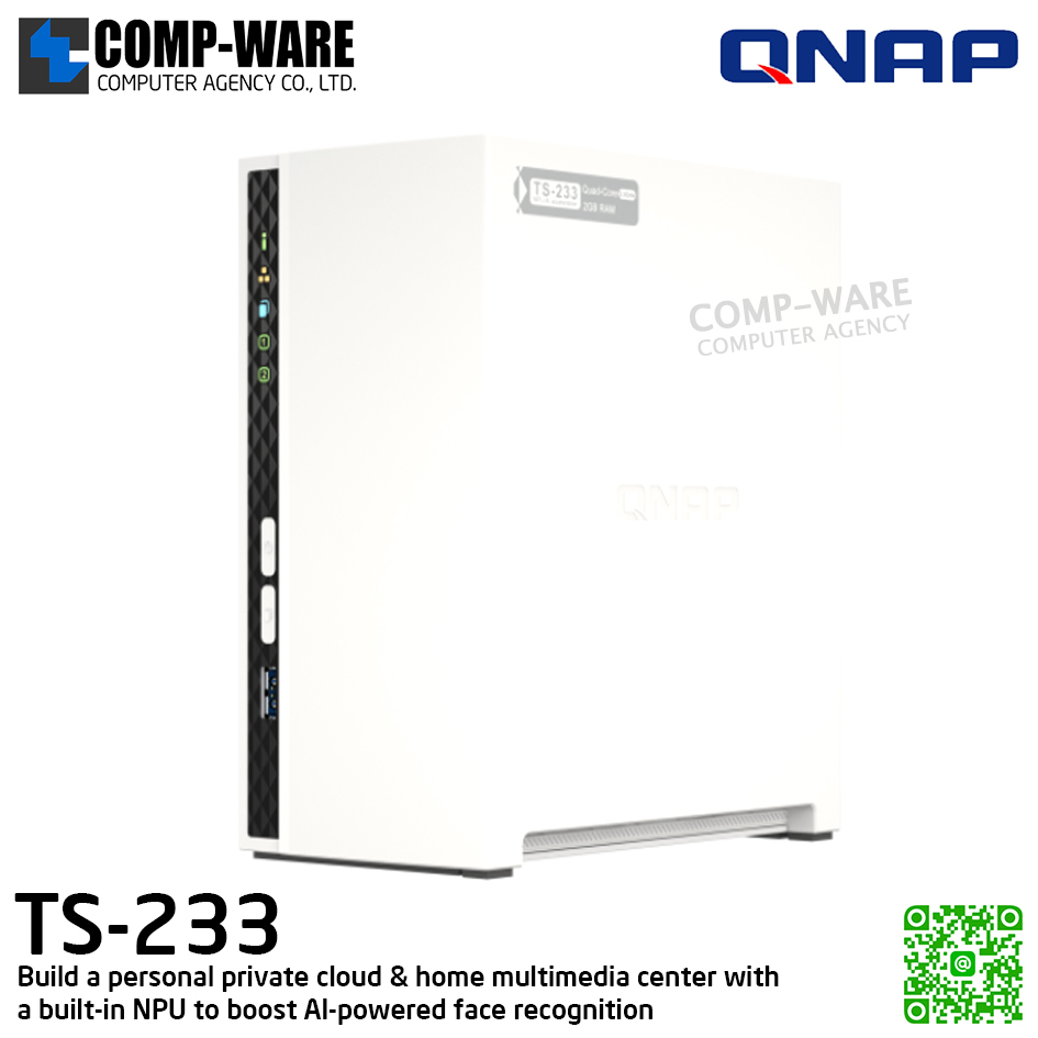 QNAP (Tower 2-Bay) TS-233 / ARM 2.0GHz (4Core) / 2GB DDR4 / 2 x 2.5" & 3.5" SATA 6Gb/s / 1 x GbE / Adapter Power / 2Y Warranty / No HDD / 2Y Warranty