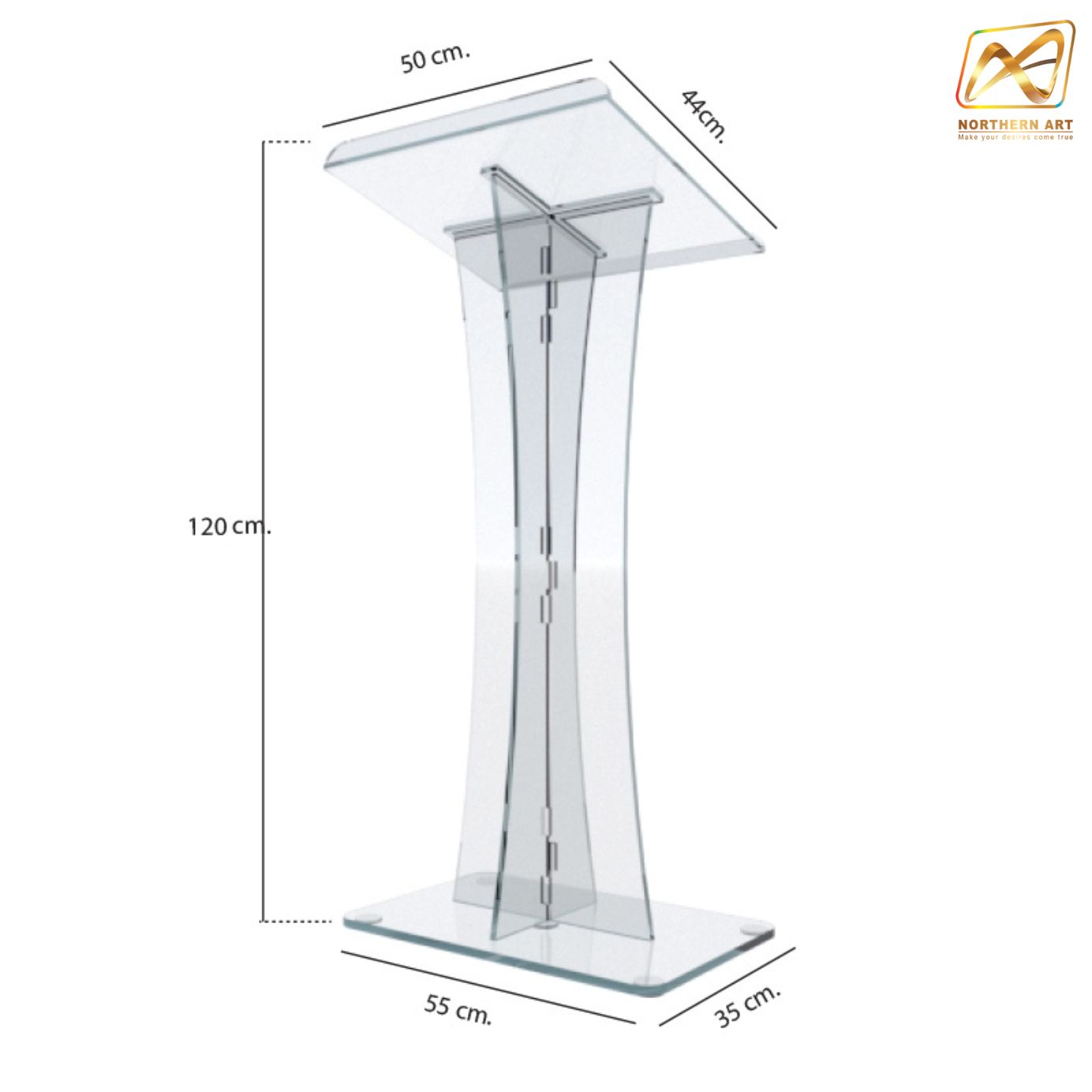 โพเดียม อะคริลิคใส AC-03 ขนาด (W)50 x (L)44 x (L)120 cm. TOP เอียงพร้อมกันตก วัสดุอะคริลิคใส หนา 10-20 มม.