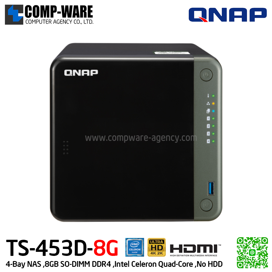 QNAP NAS (4-Bay) TS-453D (8GB RAM) Intel Celeron Quad-Core ,No HDD รับประกัน 3ปี (สามารถเพิ่มประกันตัวเครื่องเป็น 5ปีได้-option)