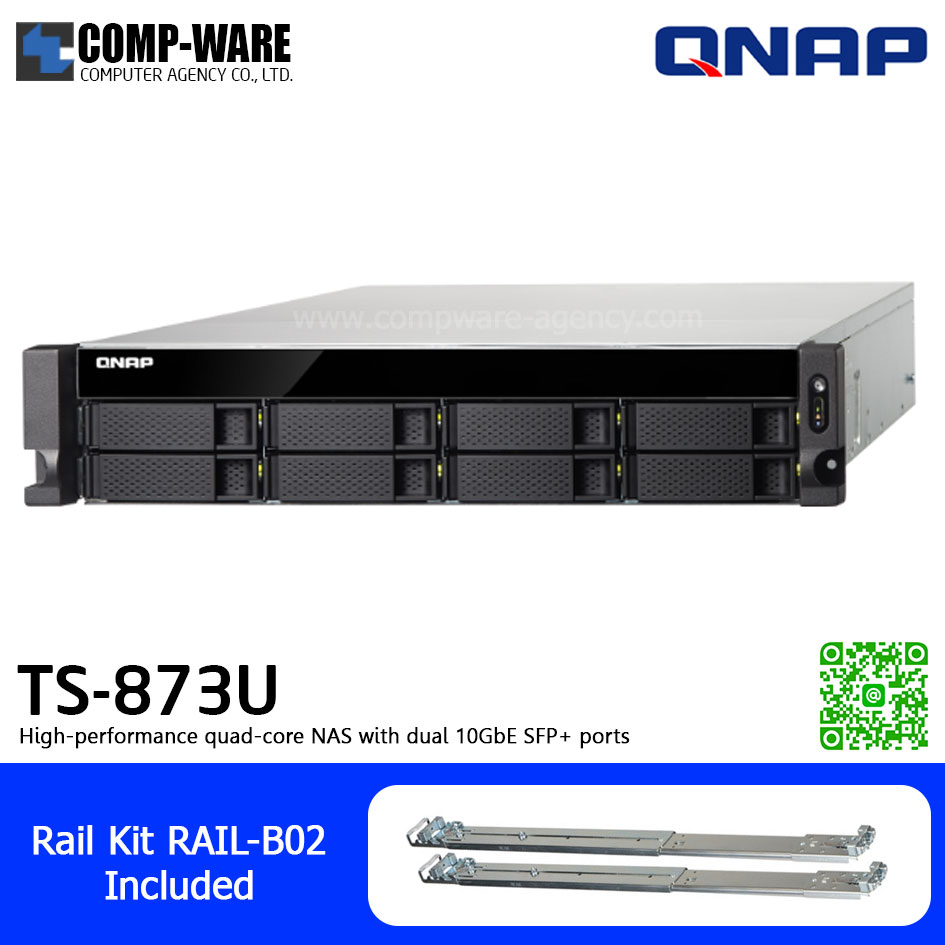QNAP NAS (2U 8-Bay) TS-873U-4G (4GB RAM up to 64GB) AMD R-Series RX-421ND , 2 x 10GbE SFP+ ,Single Power Supply w/Rail Kit RAIL-B02, No HDD