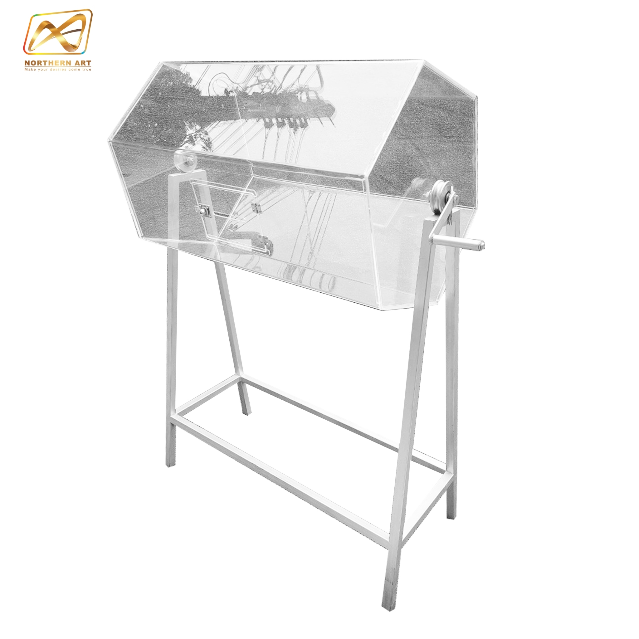 กล่องอะคริลิคจับรางวัล ตั้งพื้น หมุนได้360 องศา ขนาดกล่อง (W) 80 x (D) 58 x (H) 132.5 cm. ฝาเปิดพร้อมกุญแจล็อค