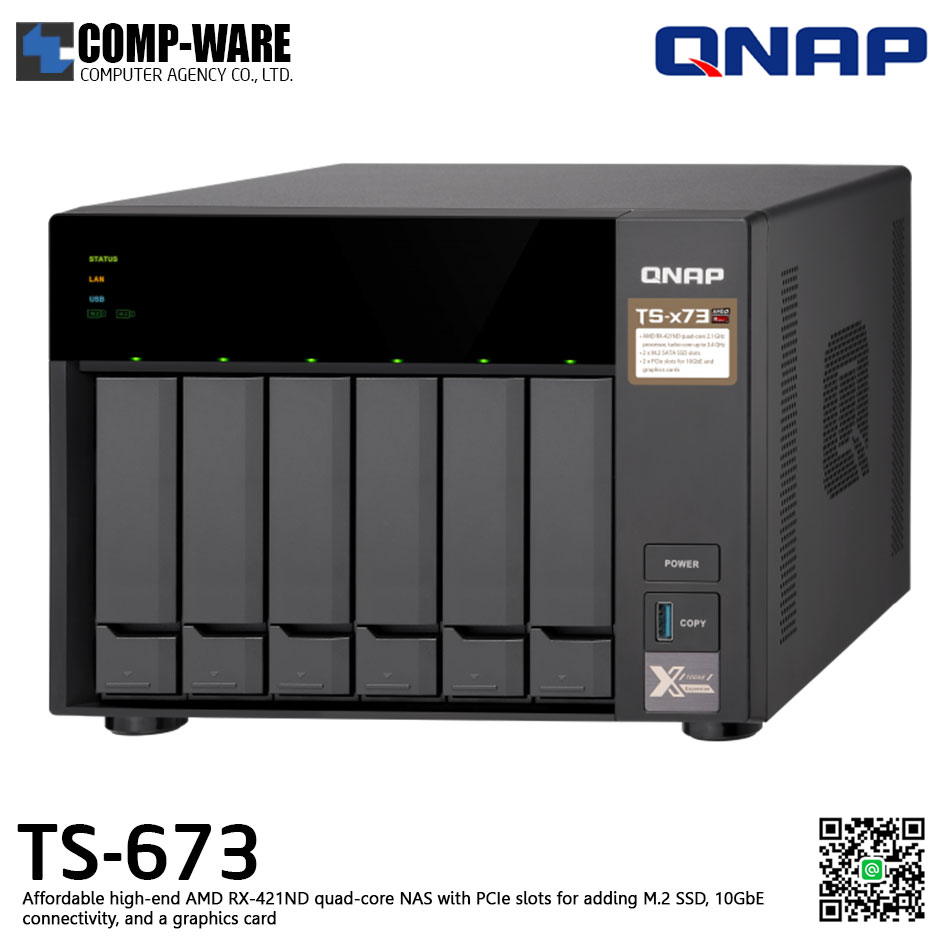 QNAP NAS (6-Bay) TS-673 (8GB RAM up to 64GB) AMD R series RX-421ND M.2 Dual-Slot Support No HDD