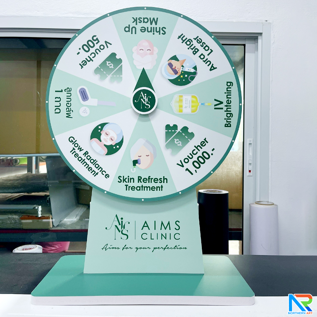 เกมส์วงล้อตั้งโต๊ะ ขนาดวงล้อ 40 ซม. สูง 56 ซม. วัสดุพลาสวูดสีขาว หนา 8-15 มม. ถอดประกอบได้