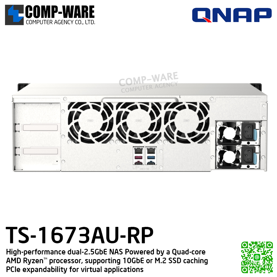 QNAP (3U 16-Bay) TS-1673AU-RP-16G / AMD Ryzen V1500B (4C/8T) / 16GB (1 x 16GB) DDR4/ 16 x 2.5"/3.5" SATA 6Gbps / 2 x 2.5GbE / 2 x 500W PSU / 3Y Warranty / No HDD / Rail kit RAIL-B02 / 3Y Warranty