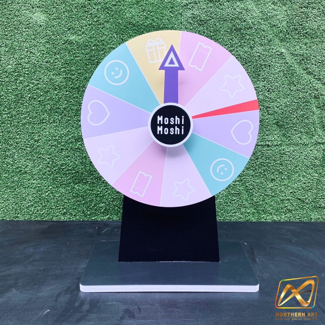 เกมส์วงล้อตั้งโต๊ะ ขนาดวงล้อ 40 ซม. สูง 56 ซม. วัสดุพลาสวูดสีขาว หนา 8-15 มม. ถอดประกอบได้