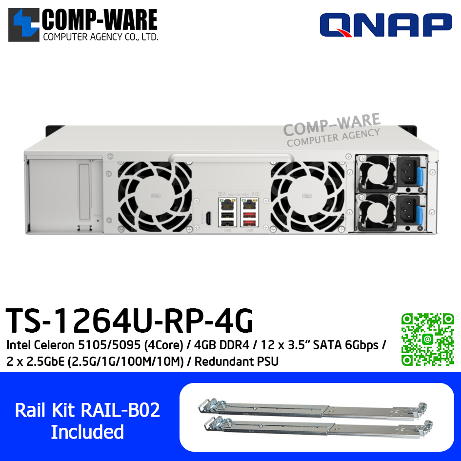 QNAP (2U 12-Bay) TS-1264U-RP-4G / Intel Celeron 5105/5095 (4Core) / 4GB DDR4 / 12 x 3.5" SATA 6Gbps / 2 x 2.5GbE (2.5G/1G/100M/10M) / Redundant PSU / 3Y Warranty / No HDD / Rail Kit RAIL-B02