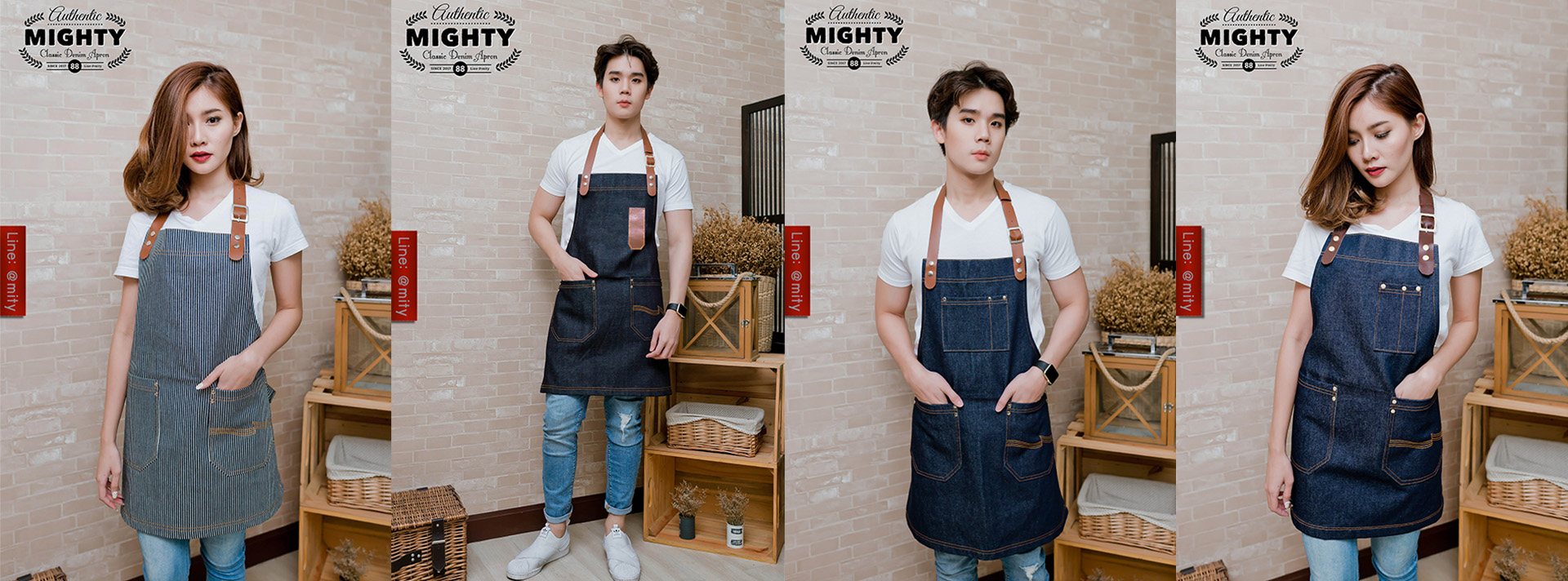 ผ้ากันเปื้อนยีนส์ ผ้ากันเปื้อนCotton100% แต่งหนังแท้ By MIGHTY