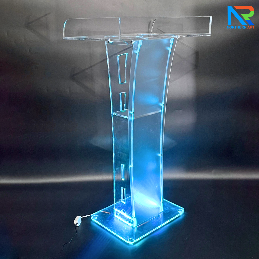 โพเดียมอะคริลิค เรืองแสงไฟ LED พร้อมรีโมทคอนโทรล รุ่น LED-05 ขนาด (W) 60 x (L) 42 x (H) 109 ซม.