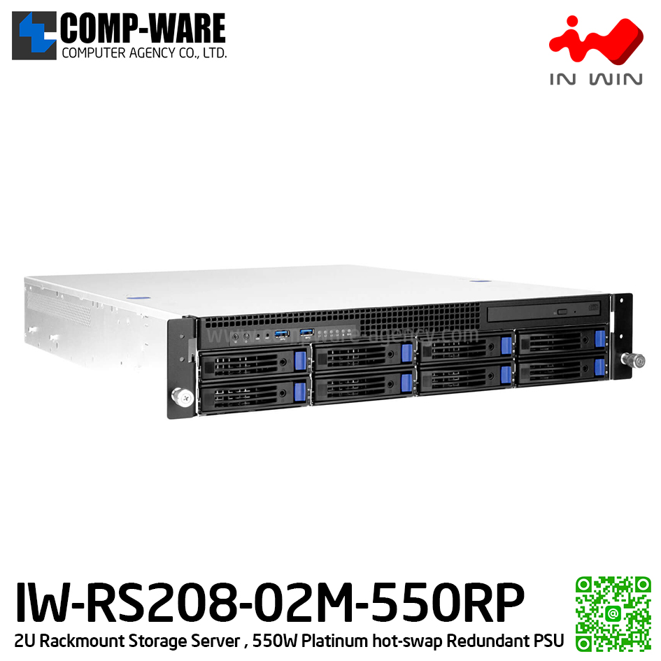 IN-WIN IW-RS208-02M-550RP 2U Rackmount Middle Depth Storage Server, 550W Platinum hot-swap Redundant Power Supply (เคสเปล่า+พาวเวอร์ซัพพลาย) รับประกัน 3ปี