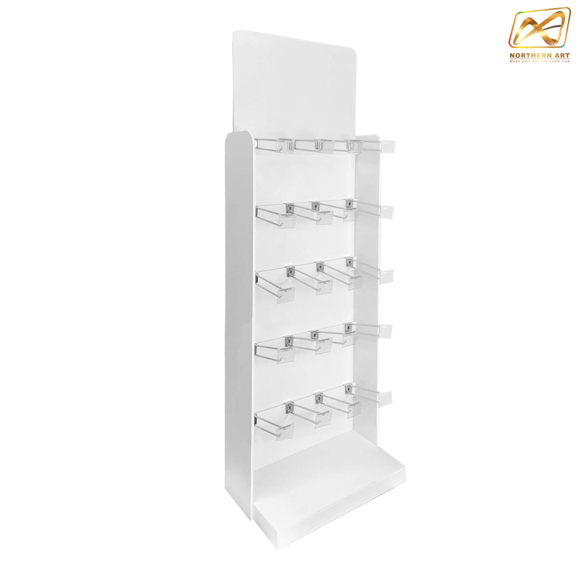 ชั้นวางสินค้าพลาสวูด รุ่น H05 ขนาด (W)50 x (D)35 x (H)155 ซม. พลาสวูดหนา 8 มม.พร้อมงานพิมพ์สติ๊กเกอร์ ( ราคาไม่รวมขอแขวนและป้ายราคา )