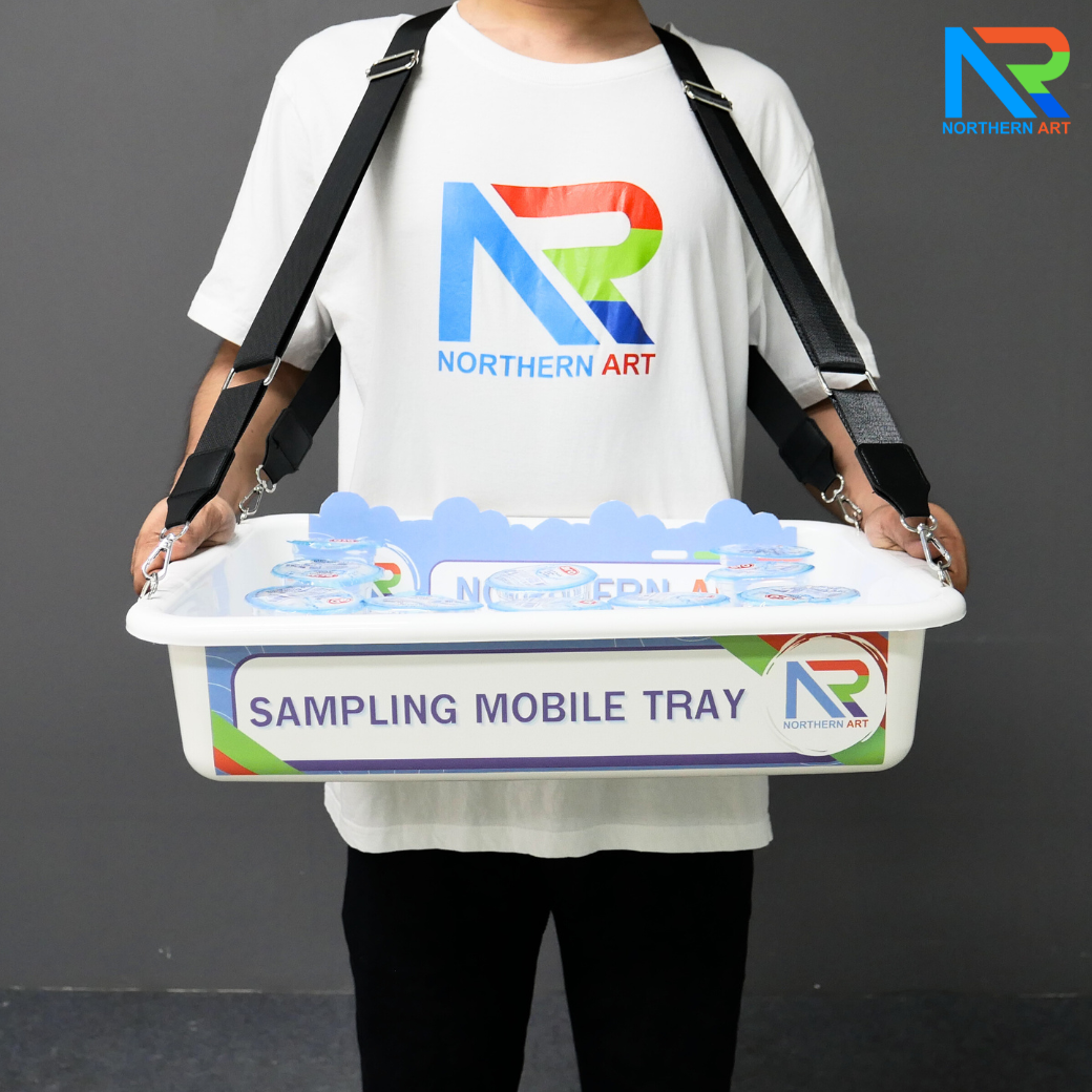 SAMPLING MOBILE TRAY ถาดแจกเคลื่อนที่ ขนาด (W)52 x (D)38 x (H)11 cm. ถาดพลาสติกสีขาวพร้อมสายคล้อง