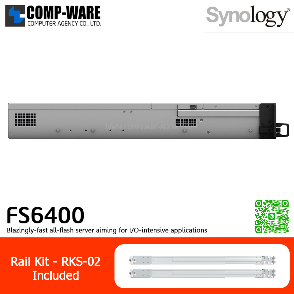 Synology FlashStation (2U 24-Bay 2.5'' SAS/SATA All-flash storage) FS6400 / 2 x Intel Xeon Silver 4110 / 32GB DDR4 RDIMM (Max. 512GB) / 2x1GbE Base T, 2x10GbE Base T / Redundant Power / Rail kit RKS-02 / No HDD / 5Y Warranty
