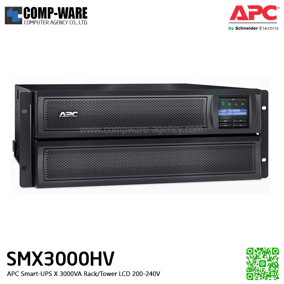 APC SMX Series Smart-UPS X 3000VA Short Depth Tower/Rack Convertible,LCD ,200-240V , SmartSlot สำหรับใส่ network card (ต้องซื้อเพิ่มเป็น option), รองรับbattery pack สูงสุด 10 pack APC-SMX3000HV