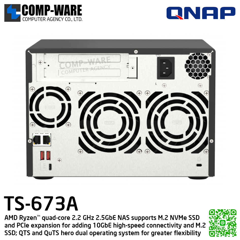 QNAP (Tower 6-Bay) TS-673A-8G / AMD Ryzen V1500B (4C/8T) / 8GB DDR4 / 6x 2.5"/3.5" SATA 6Gbps, 2x M.2 2280 NVMe PCIe Gen3 x1 / 2 x 2.5GbE / 250W Single PSU / 3Y Warranty / No HDD