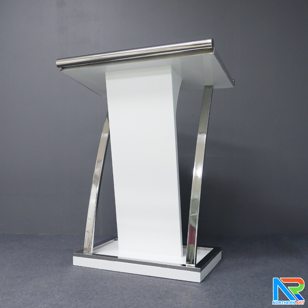 โพเดียมไม้ ยืนคู่ สีขาว ขนาด (W) 90x (L) 59 x (H) 120 cm.Topและฐาน หุ้มสแตนเลสเกรด304