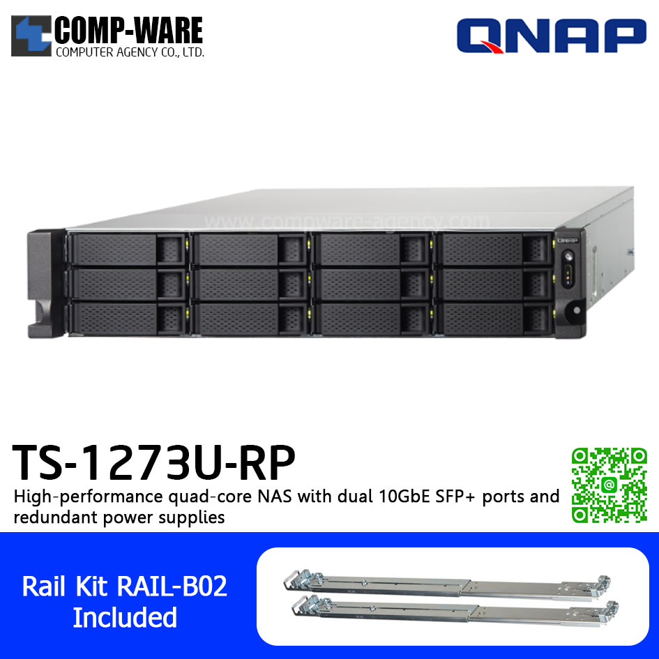 QNAP NAS (2U 12-Bay) TS-1273U-RP-8G (8GB RAM up to 64GB) AMD R-Series RX-421ND , 2 x 10GbE SFP+ ,Redundant Power Supply w/Rail Kit RAIL-B02, No HDD