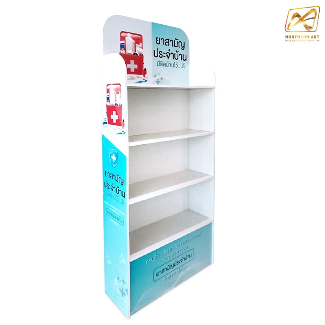 ชั้นวางสินค้าพลาสวูด 4 ชั้น ขนาด (W)60 x (D)20 x (H)140 ซม. พร้อมงานพิมพ์สติ๊กเกอร์ พลาสวูดหนา 8 มม.