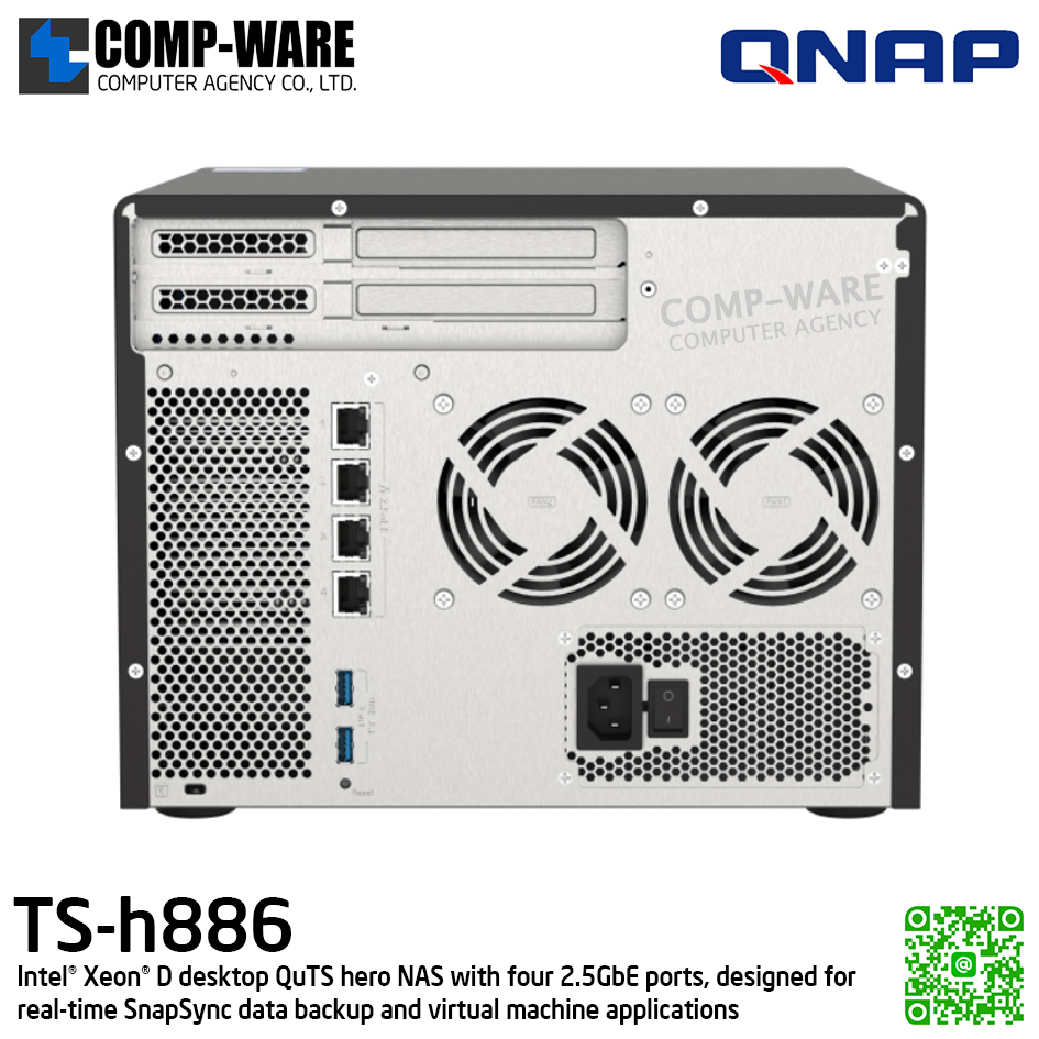 QNAP (Tower 6+2Bay) TS-h886-D1622-16G / Intel Xeon D-1622 (4Core) / 16GB DDR4 ECC / 6 x 3.5-inch SATA 6Gb/s + 2 x 2.5-inch SATA 6Gb/s / 4 x 2.5GbE, supports 5GbE & 10GbE / 250W Single PSU / 3Y Warranty , No HDD