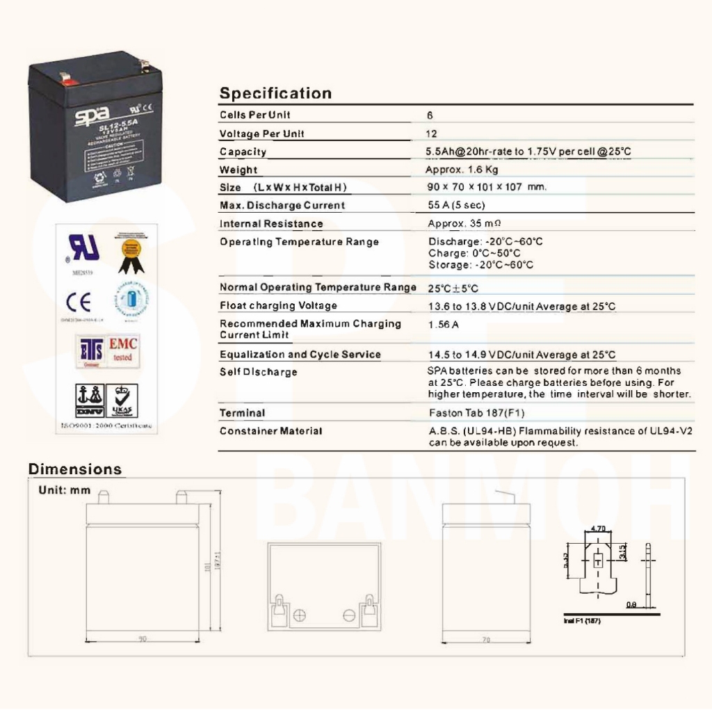 แบตเตอรี่แห้ง Spa สำรองไฟ | 99-01-0234 | SL12-5.5 (12V5.5A) | SPA Battery | แบต UPS/ไฟฉุกเฉิน/ระบบเตือนภัย