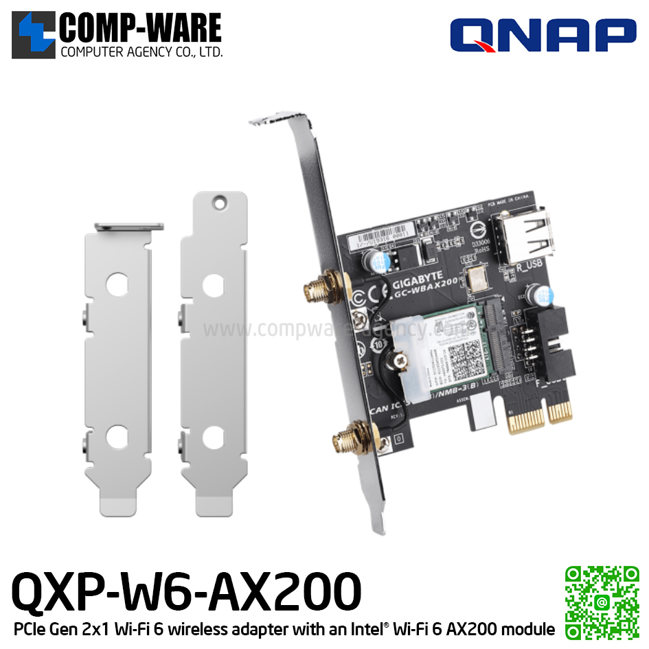 QNAP Wireless Wi-Fi 6 Network Card ,PCIe Gen 2x1 Wi-Fi 6 wireless adapter with an Intel® Wi-Fi 6 AX200 module that supports the IEEE 802.11ax standard - QXP-W6-AX200 (Spare Part)