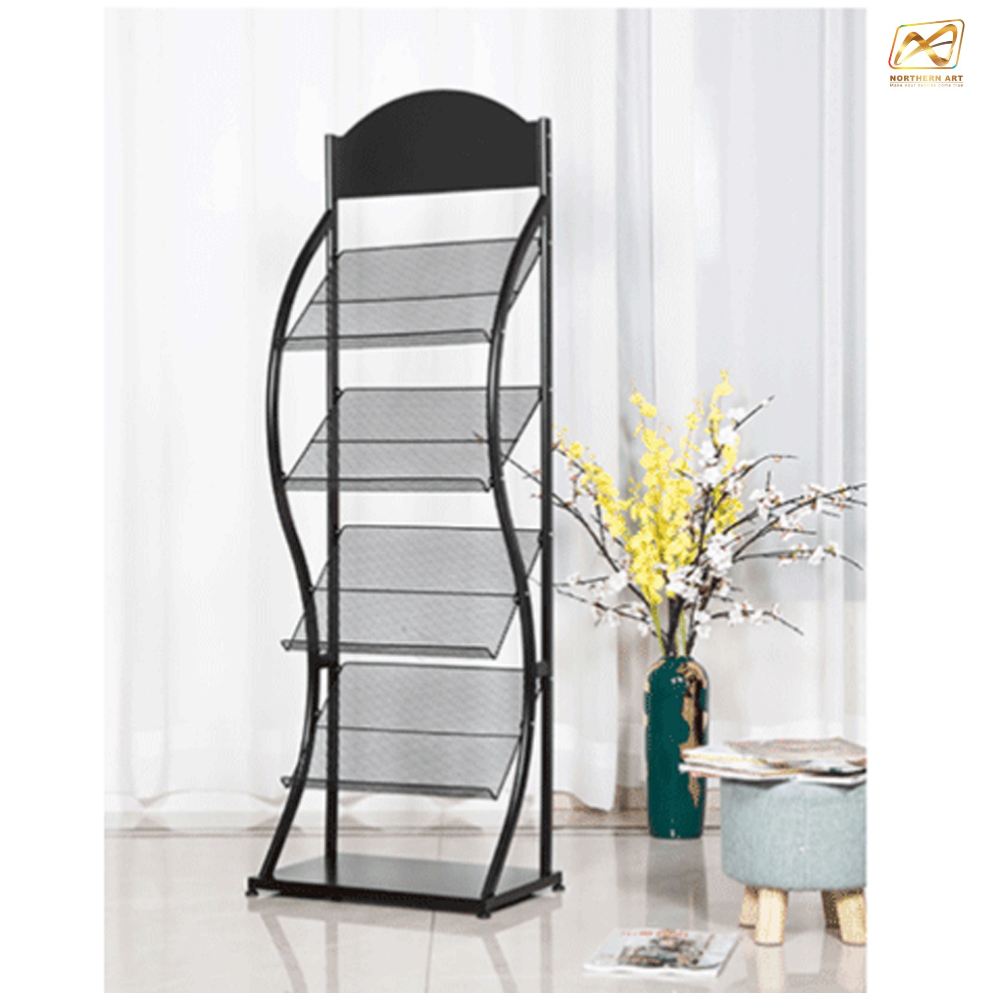 ชั้นวางโบรชัวร์เหล็ก 4 ชั้น สีดำ ขนาด (W)49.5 x (D)31 x (H)150 cm. ถอดประกอบได้