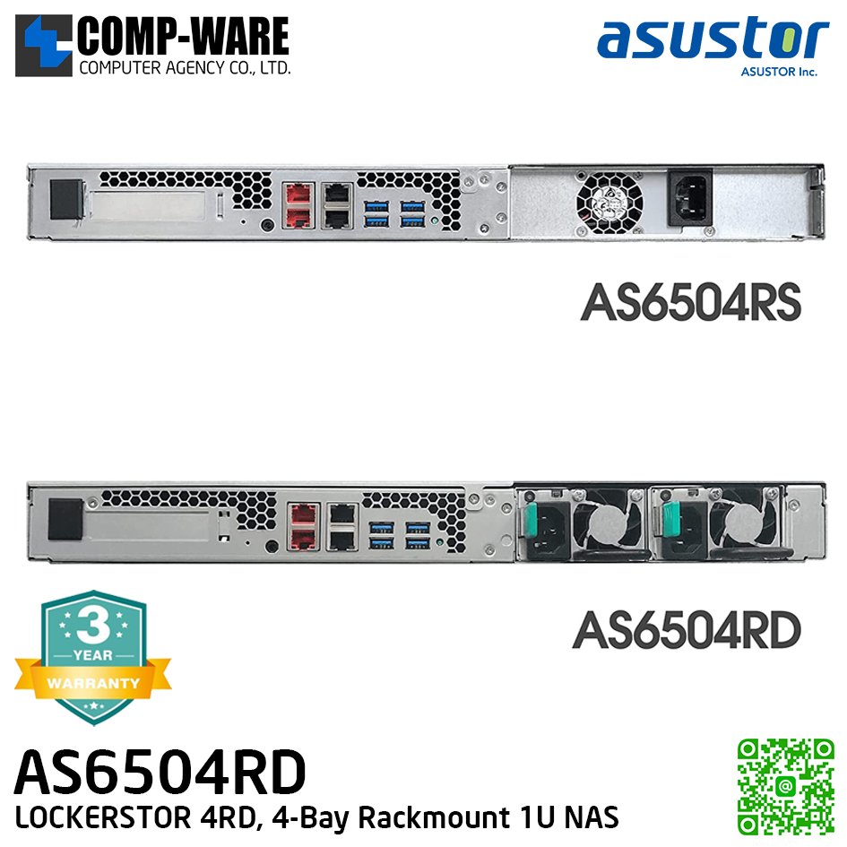 Asustor (1U 4-Bay) AS6504RD / Intel Atom C3538 / 8GB DDR4-2133 / Redundant Power Supply / 3Years Warranty / No HDD