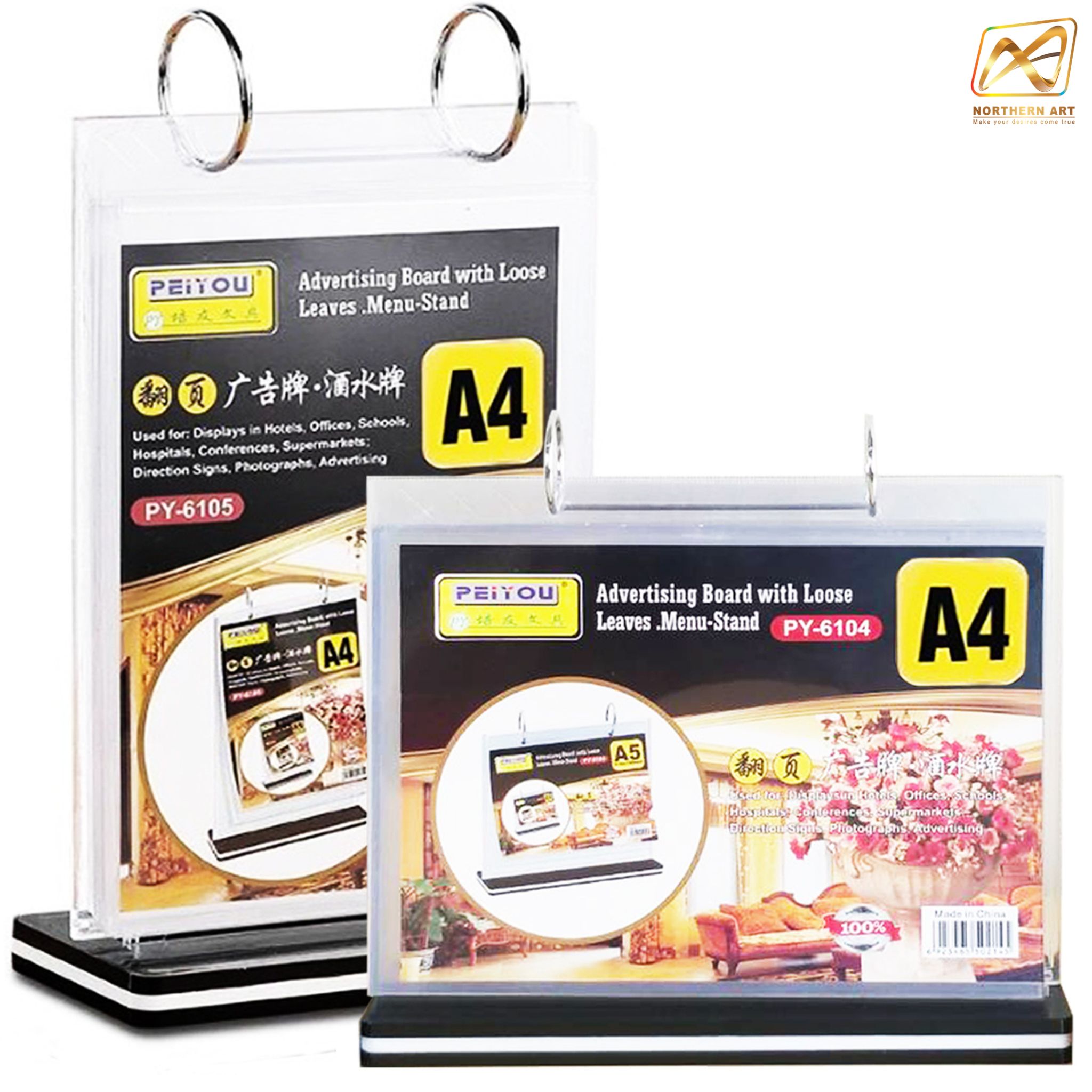 เมนูสแตนตั้งโต๊ะ รุ่นD5 ฐานพลาสติกสีดำ พร้อมซอง 6 ซอง โชว์งานพิมพ์2ด้าน พร้อมจัดส่งทั่วไทย